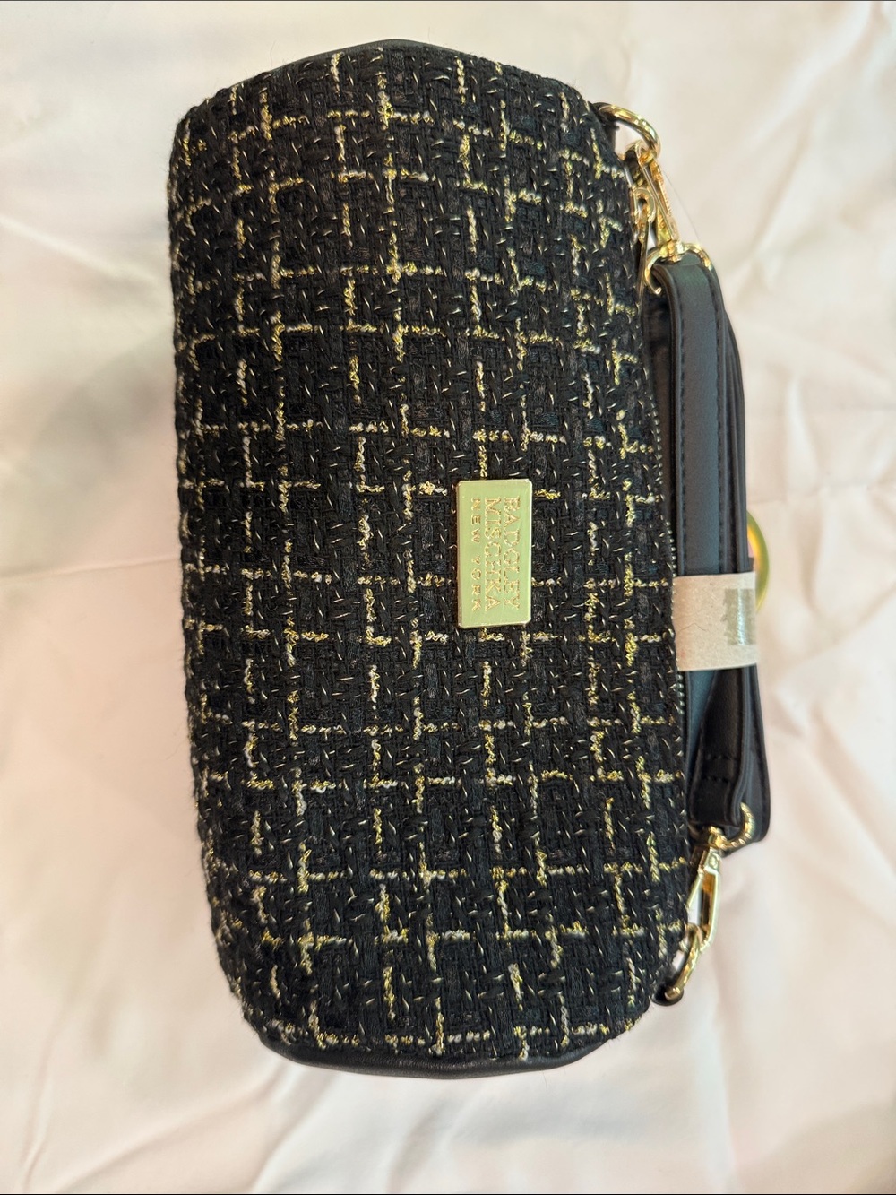 Badgley Mischka Black and Gold Tweed Wristlet Clutch